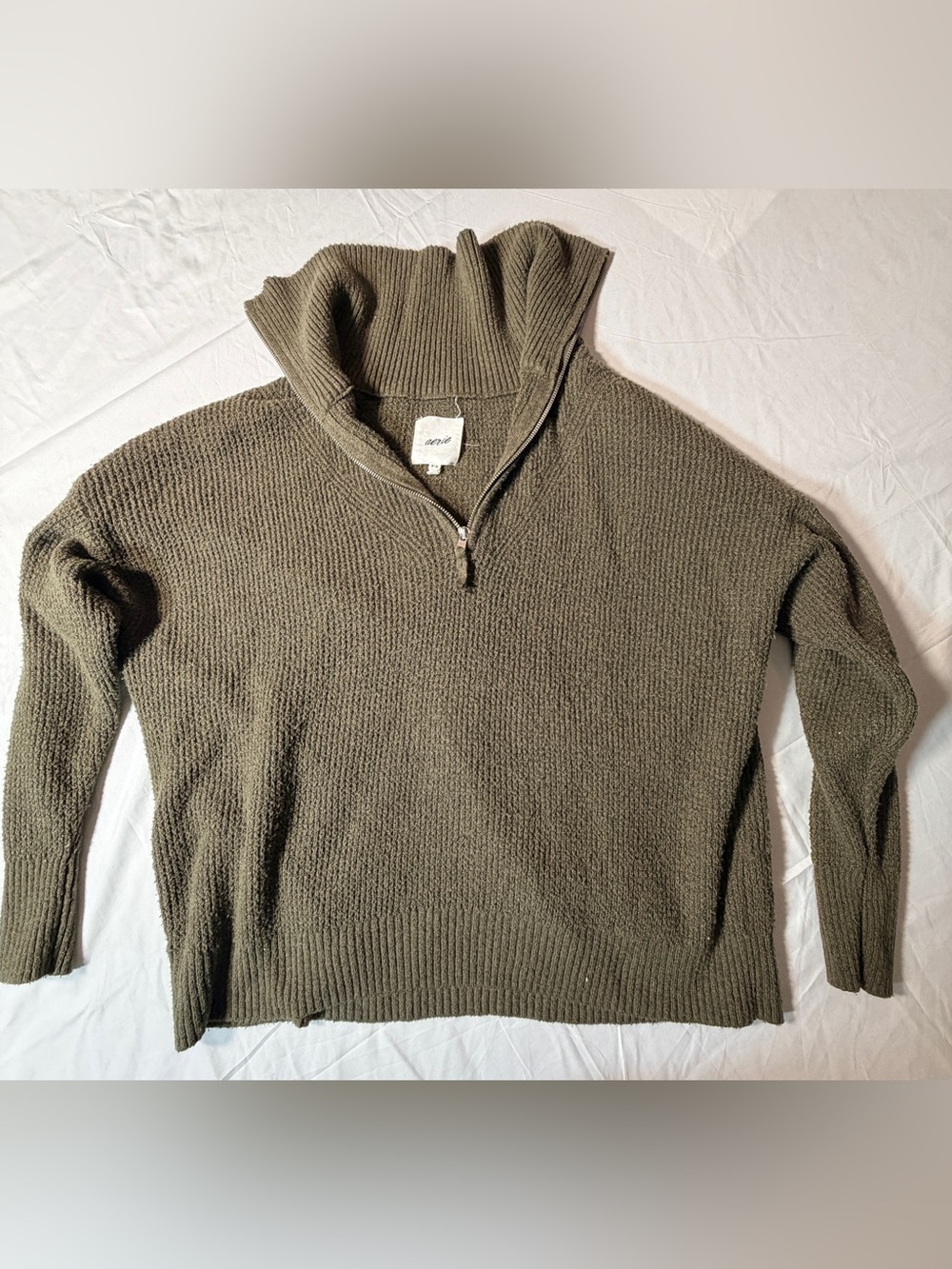 Aerie Olive Green Waffle Knit Quarter Zip Pullover Sweater Size M.